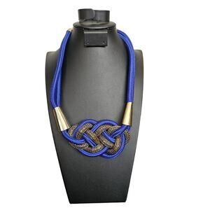 Bold Royal Blue Rope Knot Statement Necklace with Gold Tone Mesh Accents